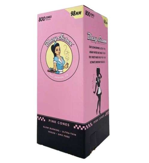 Pink packaging of Blazy Susan pink cones with branding and product details.