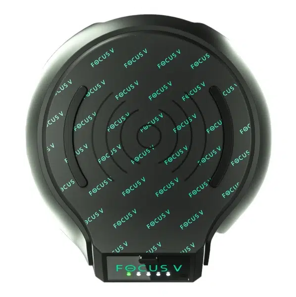 Black wireless charging pad with 'FOCUS V'  logo viewed from the top