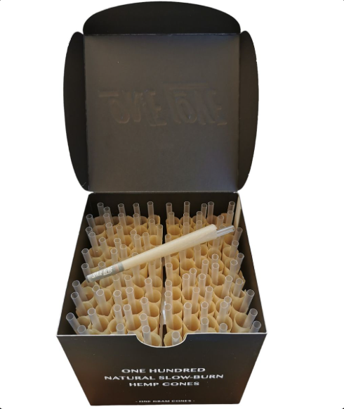 Box of 100 natural slow-burn hemp cones in box top view