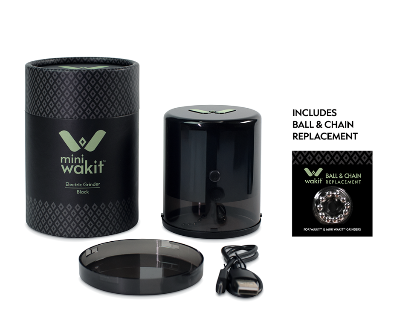 Black mini wakit electric grinder with packaging and replacement parts and usb cable